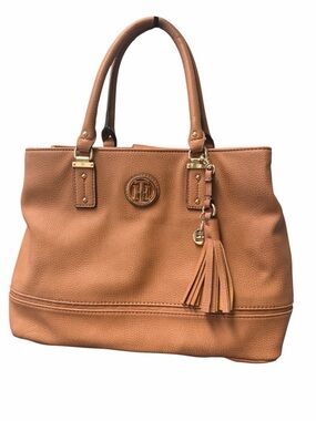 Tommy Hilfiger Brown Leather Tote Bag Large Tassel Classic Everyday Purse